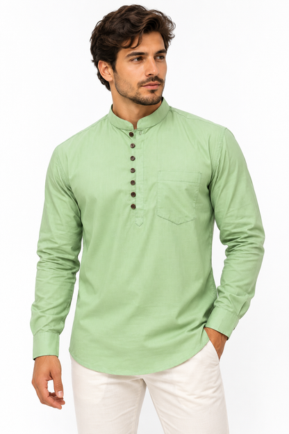 Camisa Verde Claro de Hombre Mangas Largas Cuello Chino