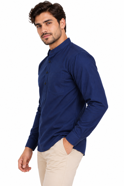 Camisa Azul Marino Hombre Mangas Largas Cuello Chino