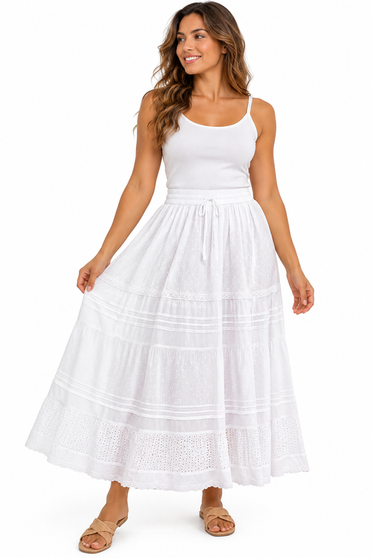 Falda Larga Boho Blanca con Detalles de Encaje | Talla Única