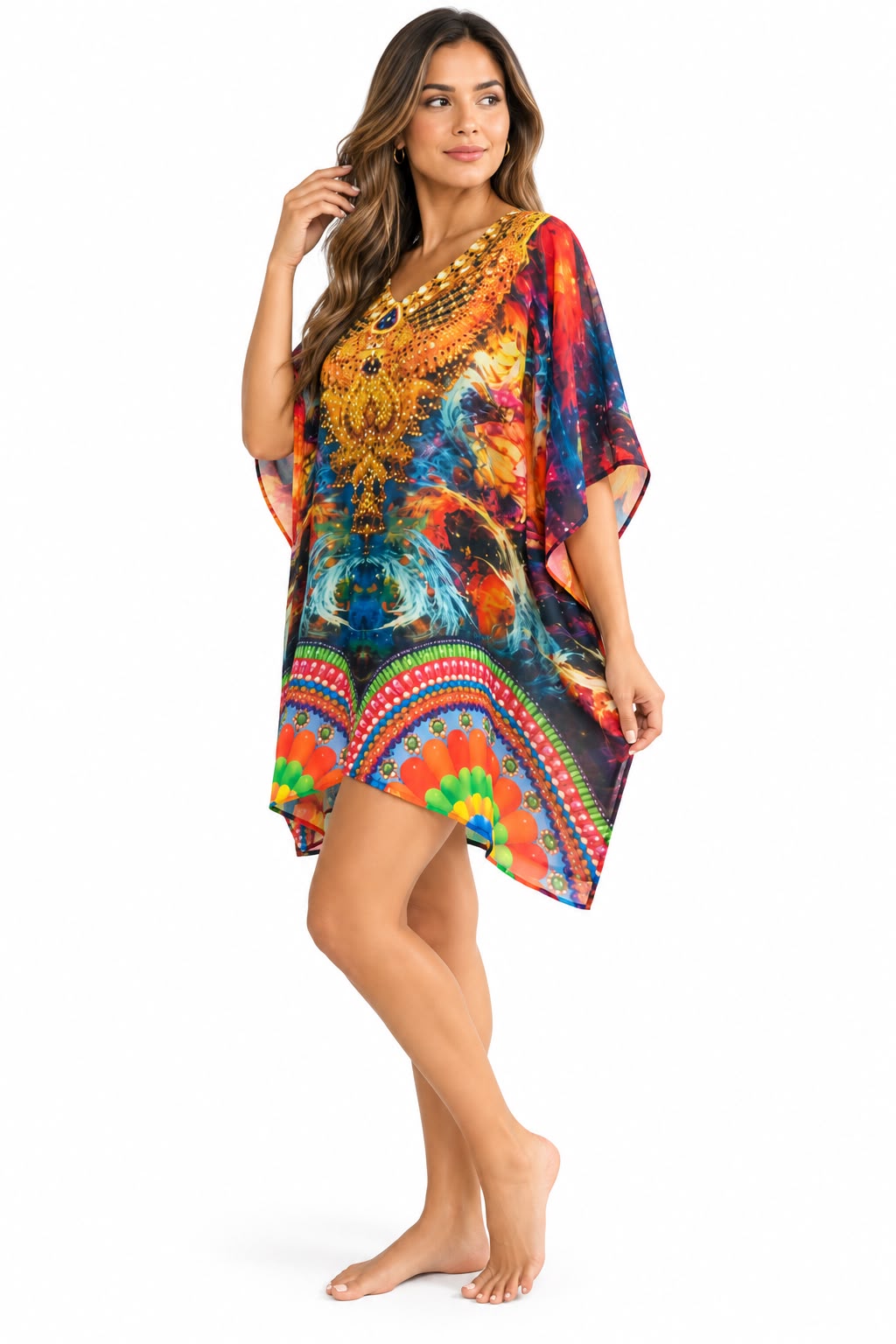 Vestido Corto de Dama con Estampado Digital y Piedras Brillantes