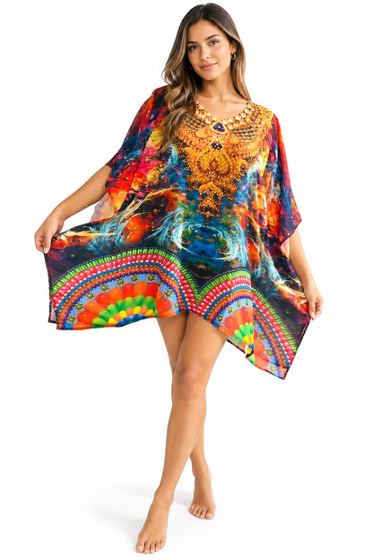 Vestido Corto de Dama con Estampado Digital y Piedras Brillantes