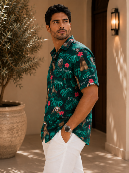 Camisa Hawaiana Playera Caribeña de Caballero Estampado Oso Fondo Negro Pura Vida