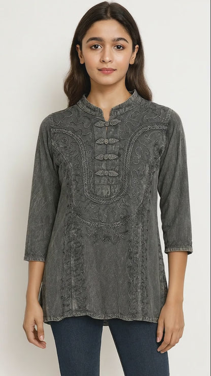 Blusa étnica bordada color gris Mangas 3/4