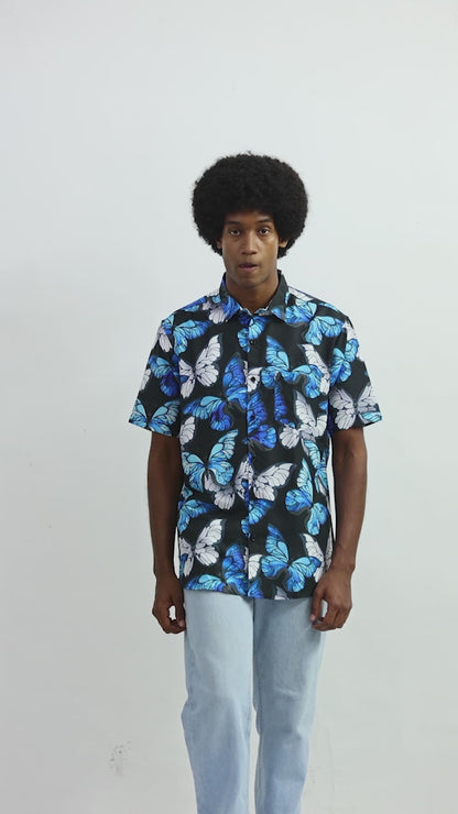 Men's Caribbean Beach Hawaiian Shirt with Butterfly Print