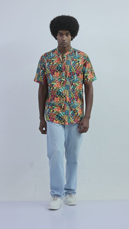 Set Conjunto Traje Afrodescendiente de 2 Piezas para Hombre (Camisa Cuello Chino + Short) Afrocaribeño