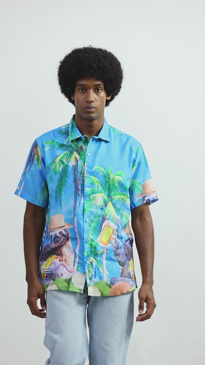 Camisa Hawaiana Playera Caribeña de Caballero Estampado Oso Perezoso Grande con Cerveza