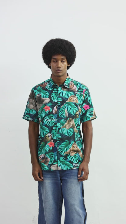 Camisa Hawaiana Playera Caribeña de Caballero Estampado Oso Fondo Negro Pura Vida