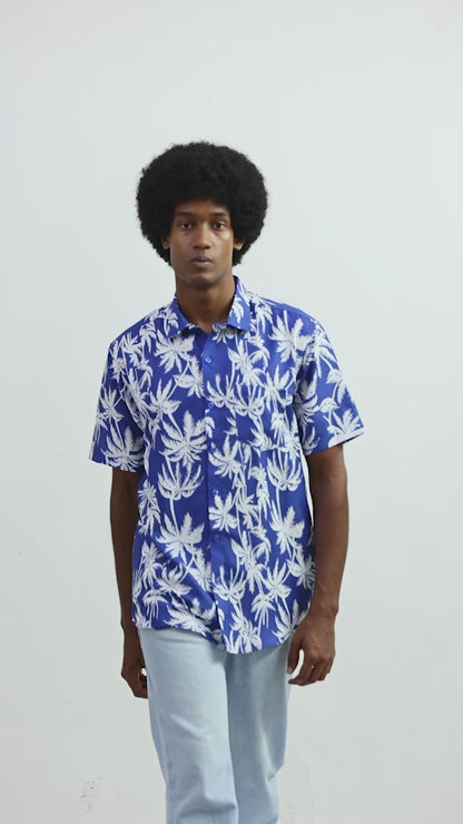 Men's Caribbean Beach Hawaiian Shirt Blue Palm Tree Print