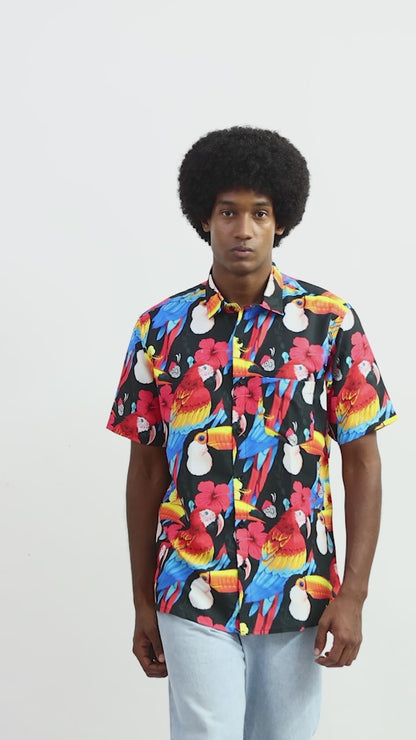 Men's Hawaiian Caribbean Beach Shirt Black Limpets Print