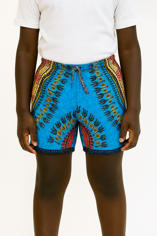 Short Afrocaribeño de Niño o Niña (Unisex) Estampado Afrocaribeño Azul