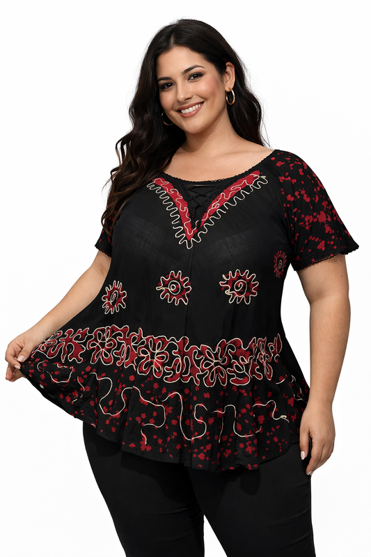 Blusa de Dama Negro con Rojo con Mangas