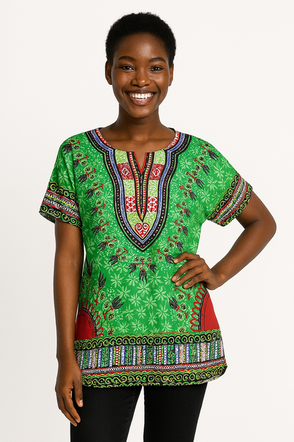 Blusa Afrocaribeña de Dama Estampado Verde