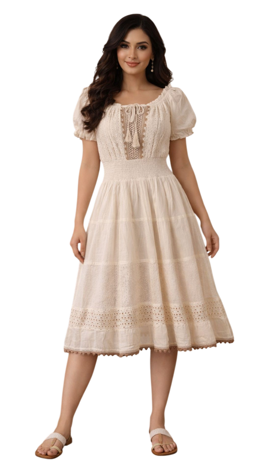 Short Beige Boho Dress With Sleeves | One Size Fits All
